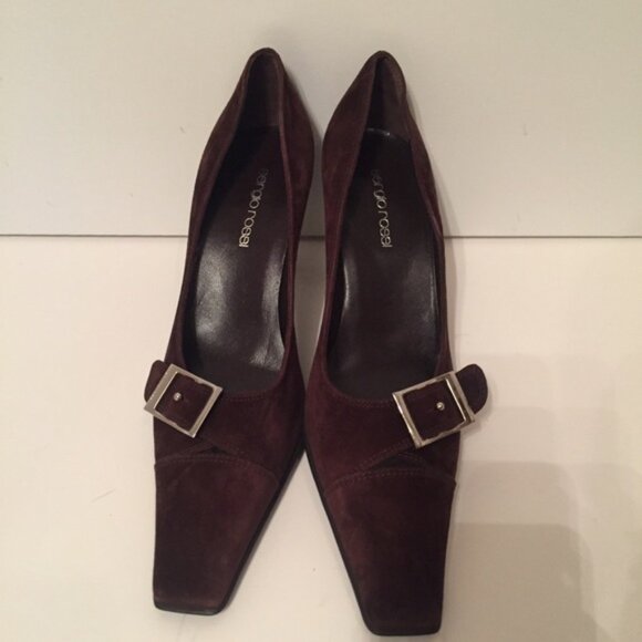 SERGIO ROSSI HEELS PUMPS BROWN SUEDE LEATHER SHOES ITALY POINTED TOE - Picture 2 of 8